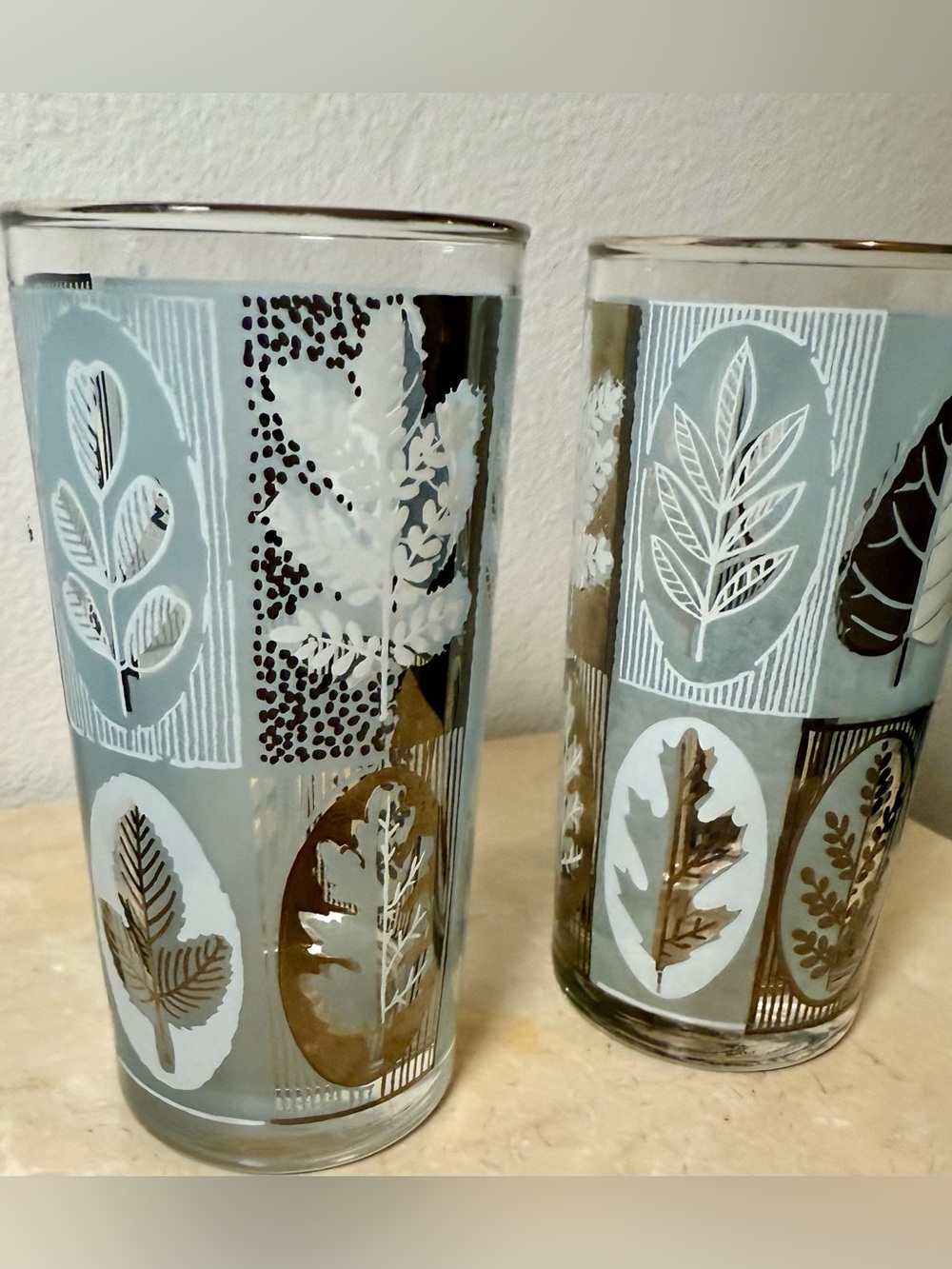 2 MCM Libbey Riviera Highball, Blue Frosted Silver Leaf Foliage Cocktail glasses
